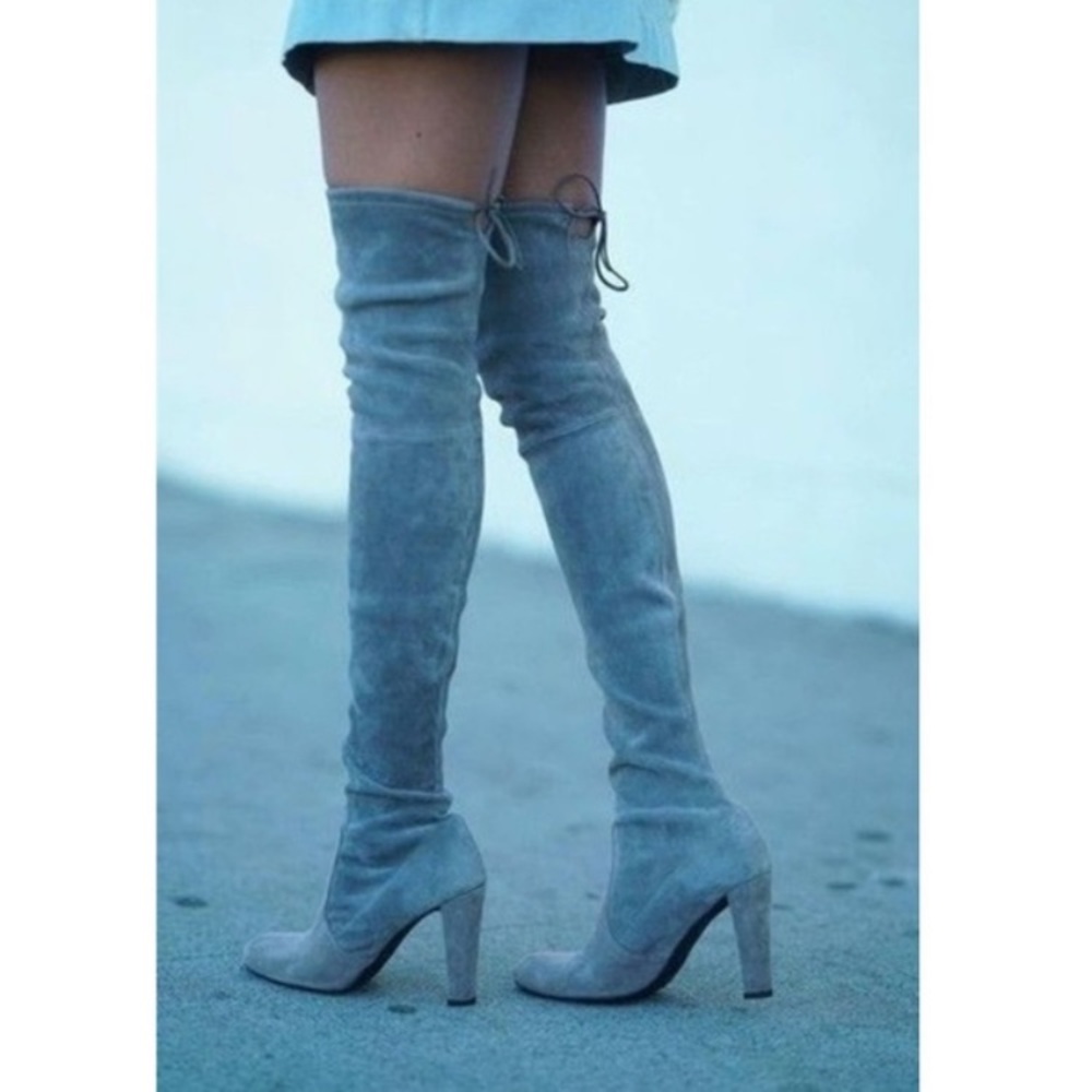 Gray knee high boots